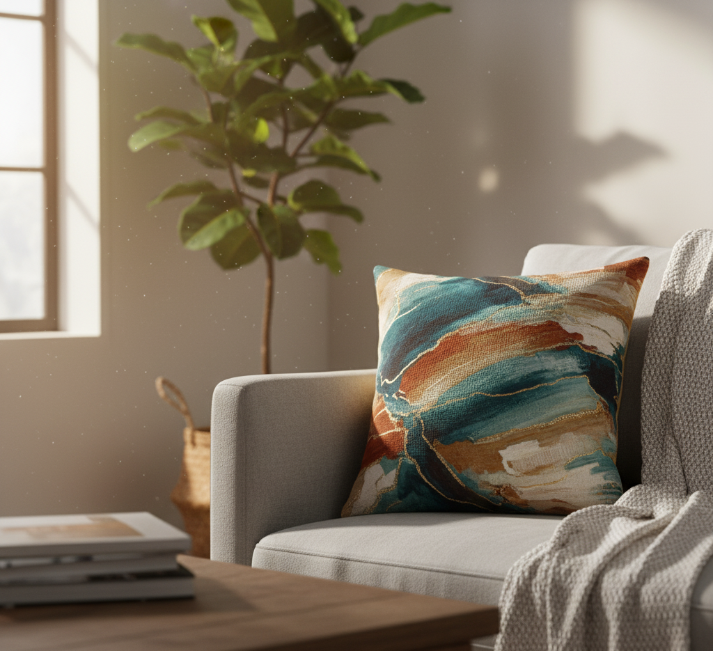 Modern living room sofa with decorative printed throw pillows